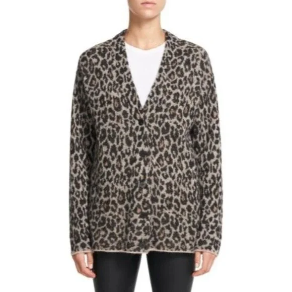 NEW THEORYsize L Leopard Print Jacquard Cardigan Alpaca Blend Button $395